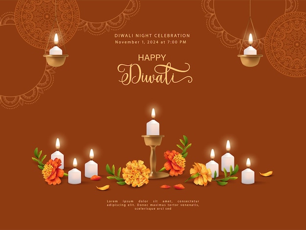 Diwali Festival Poster with candles and marigold flowers