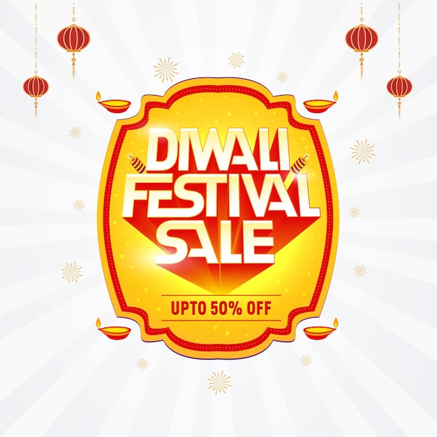 Vector diwali festival sale offer logo design with lamp and celebration background.