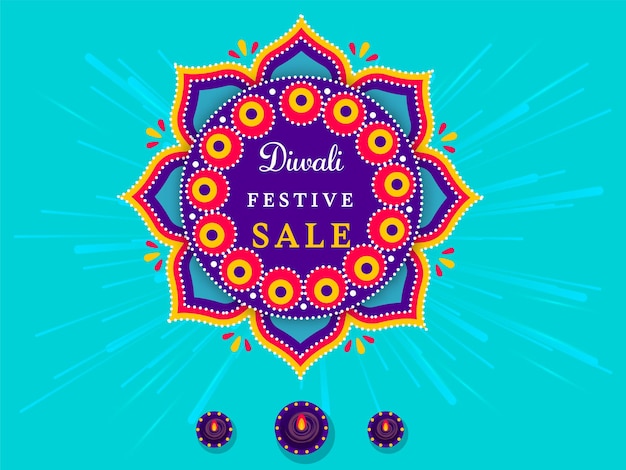 Diwali festival sale posterontwerp met mandala frame en brandende olielampen diya op blauwe achtergrond