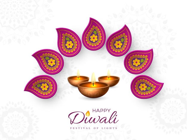 Vector diwali festival vakantie ontwerp met papier gesneden stijl van indiase rangoli en diya - olielamp. paarse kleur op witte achtergrond, vectorillustratie.