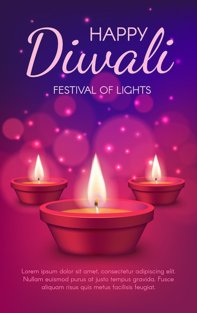 Diwali-festival van lichte diya-lampen groet van de indiase hindoeïstische religie. deepavali-olielampen of kaarslantaarns met brandende vuurvlammen, fonkelingen en bokehlichten, uitnodigingsaffiche