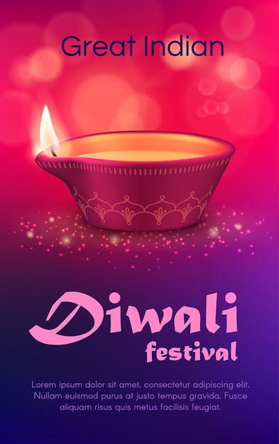 Diwali-festival van lichtontwerp met diya-lamp. indiase feestdag van hindoe-religie olielamp of lantaarn gemaakt van rode klei met rangoli-decoratie, paisley bloem ornament, brandend vuur, roze bokeh