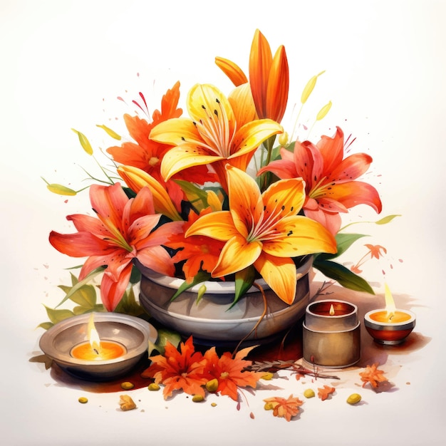 Vettore fiori e piante di diwali still life illustrazione ad acquerello