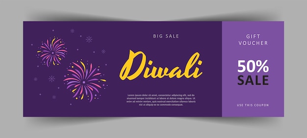 Подарочный сертификат Дивали Коммерческий купон на скидку с фейерверком Индийский фестиваль огней Векторная иллюстрация в мультяшном стиле
