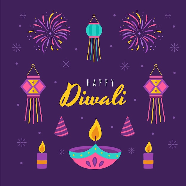 Diwali greeting banner Holiday background for celebration Indian festival of lights Vector illustration in flat cartoon style