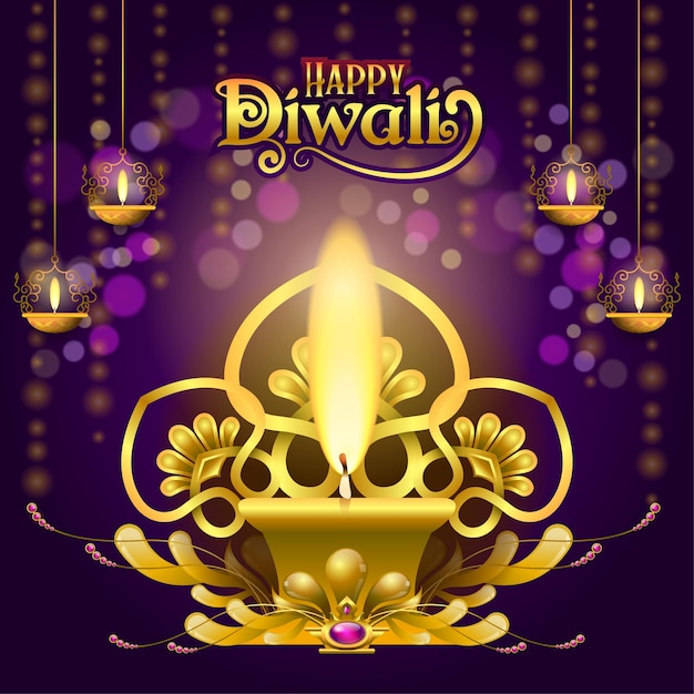Saluti diwali con lampade dorate e disegni festivi ornamentali