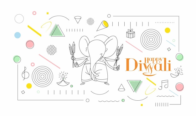 ディワリヒンドゥー教の祭りのグリーティングカード、手描き線画ベクトルイラスト。