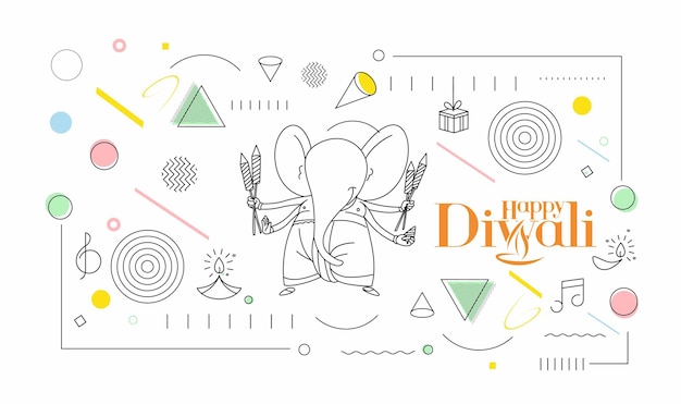 Diwali Hindu festival greeting card, Hand Drawn line art Vector illustration.