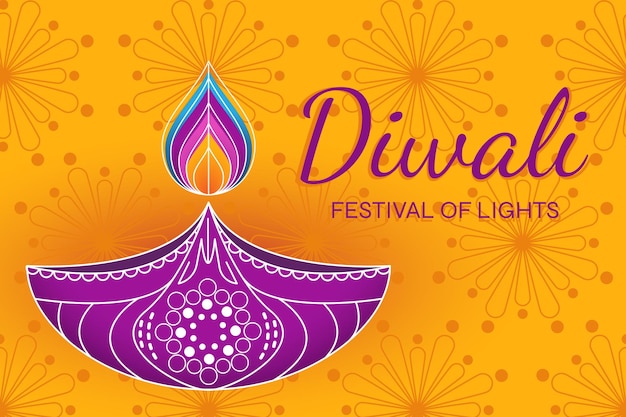 Баннер праздника Дивали. Фестиваль света. Фиолетовый и желтый цвета. Используйте для открытки, флаера, плаката