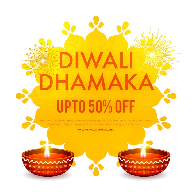 Diwali (indian festival of lights) sale banner design with illuminated oil litlamps and 50% discount offers.