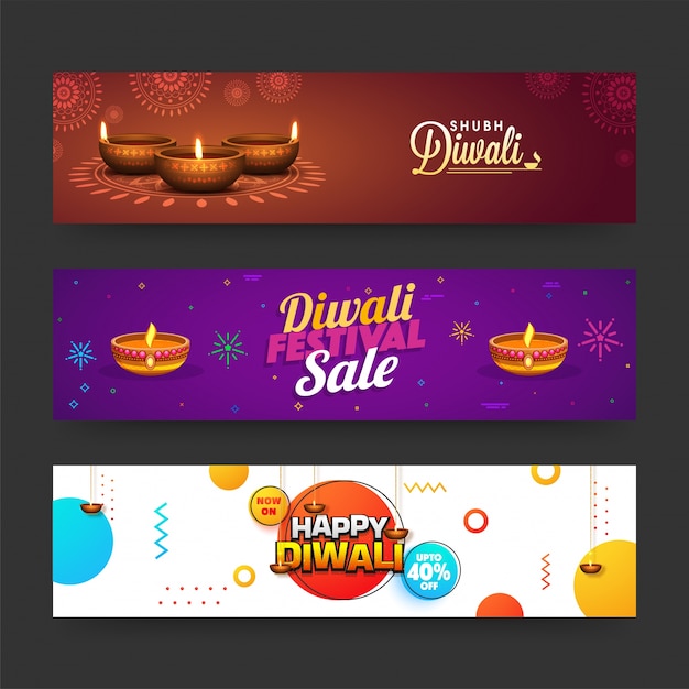 Diwali (indian festival of lights) web banners collection with illuminated litlamps, and discount offers.
