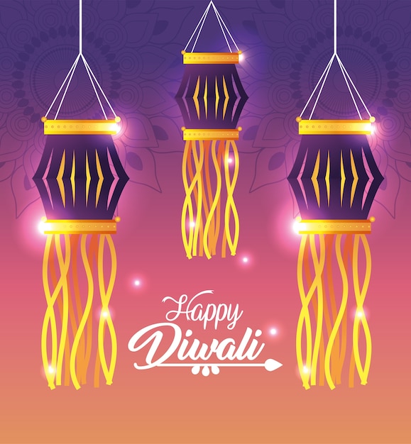 Vector diwali lanterns hanging with lights decoration