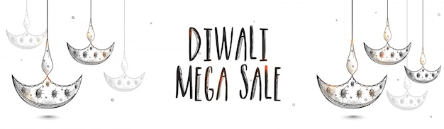 Diwali mega sale banners with hanging oil lit lamps.