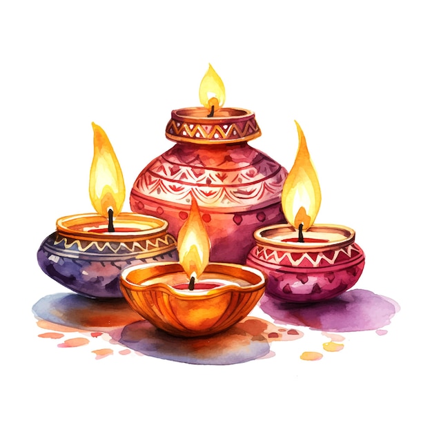 Diwali oil lamps watercolor on white background clipart