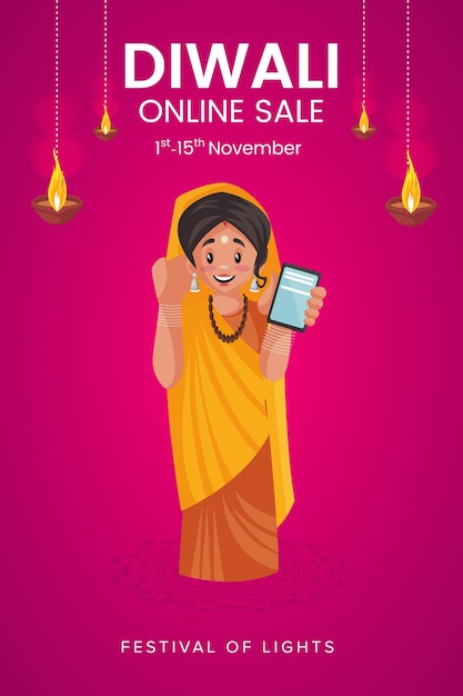 Volantino di vendita online diwali e poster con donna che mostra il telefono cellulare