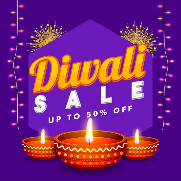 Diwali sale flat 50% banner met verlichte olie lampen.