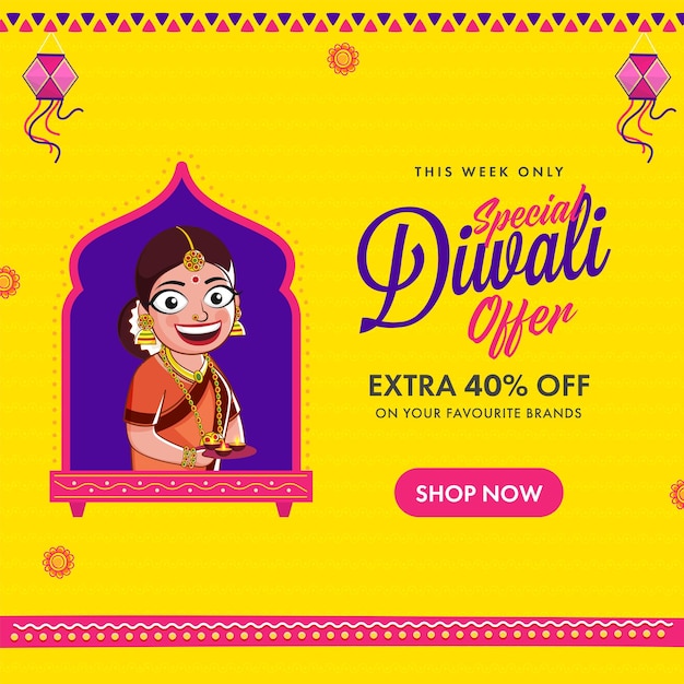 Diwali sale poster design with 40% discount offer and indian woman holding plate of lit oil lamp (diya) on yellow background.
