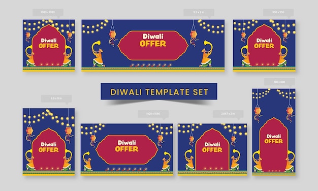 Diwali Sale Social Media Banner en sjabloon Set met Tutari-spelers In traditionele kleding Lantaarns hangen verlichting Garland op blauwe en rode achtergrond