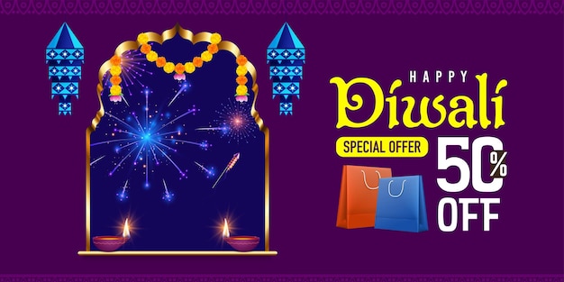 diwali sale, special offer banner concept.Illustration of Fireworks in Night Sky