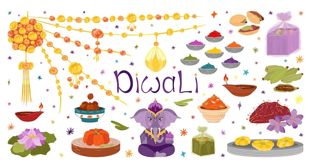 Diwali symbolen en karakters Set voor ontwerp Ganesha diya Diwali mithai snoep Goudsbloem slinger