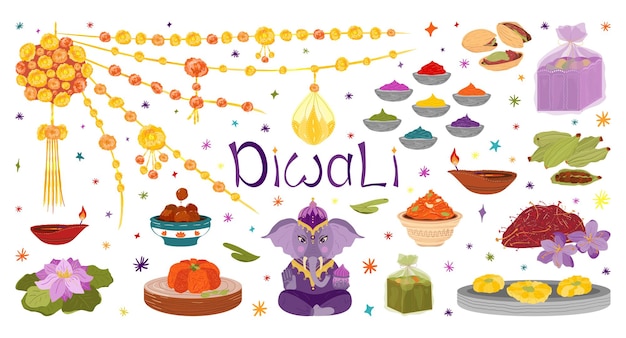 Vector diwali symbolen en karakters set voor ontwerp ganesha diya diwali mithai snoep goudsbloem slinger