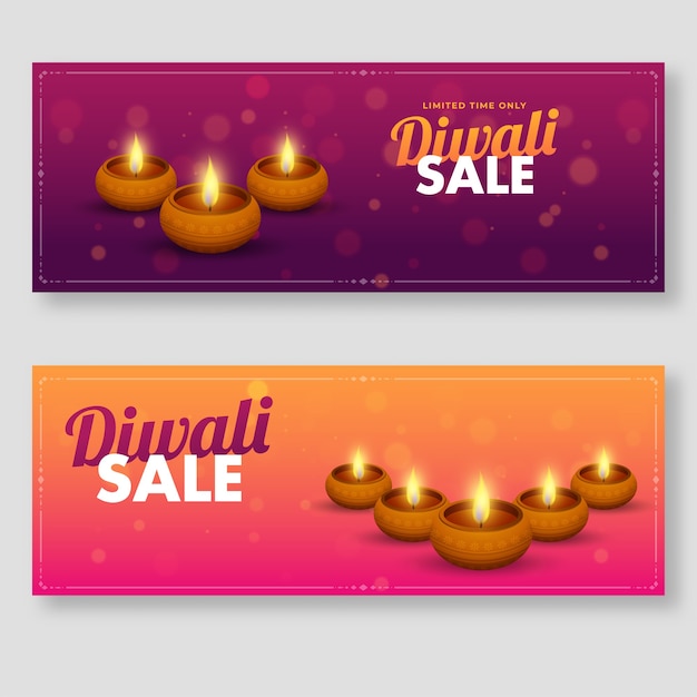 Vector diwali-verkoopkop of banner in twee kleurenopties met verlichte olielampen (diya).