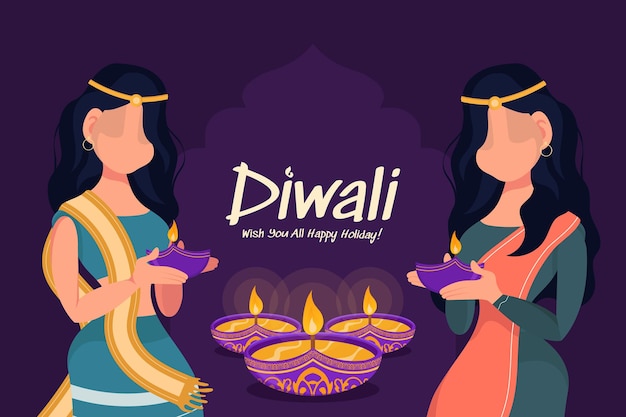 Diwali vrouw met olielamp, diwali vakantie op paarse achtergrond, diwali viering wenskaart, vector.