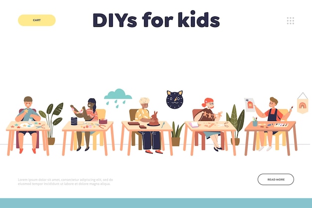diy for kids concept of landing page with children doing craft at art classes make applique bracelets figures from plasticine draw craft lessons and education cartoon flat vector illustration