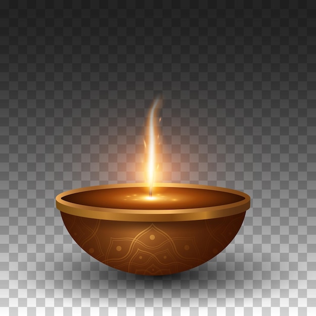 Diya lamp met hindoe patroon geïsoleerd op transparante achtergrond voor Diwali festival van licht brandende vlam met deeltjes 3d vectorillustratie voor vakantie