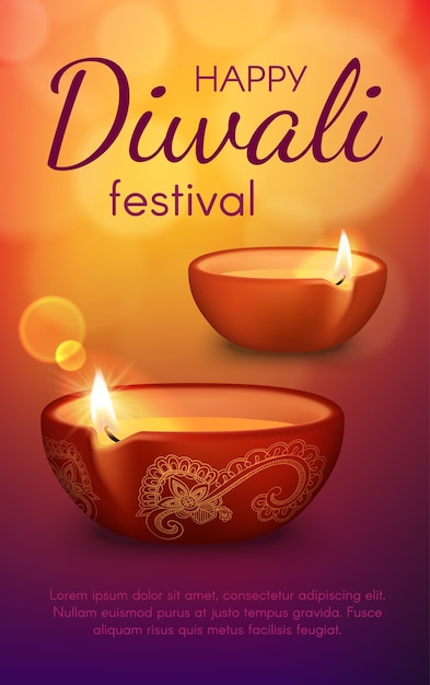 Diya-lampen van diwali of deepavali light festival-wenskaart. brandende olielampen van de indiase hindoeïstische godsdienstvakantie met gouden rangoli-decoratie van paisleybloemen en gouden bokehlichten