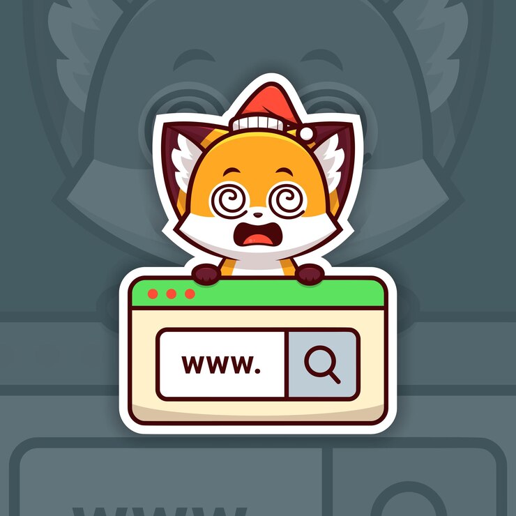 Vector dizzy christmas fox holding a web search icon sticker design vector web developer sticker
