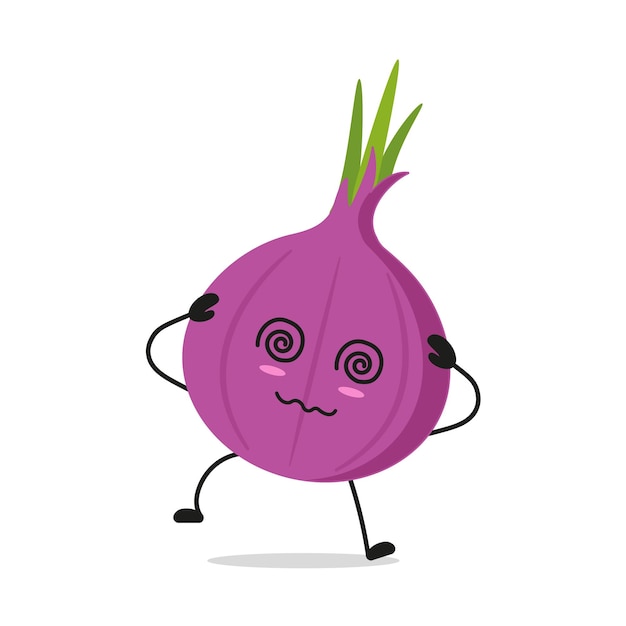 Vector dizzy onion character funny confused red onion cartoon emoticon in flat style