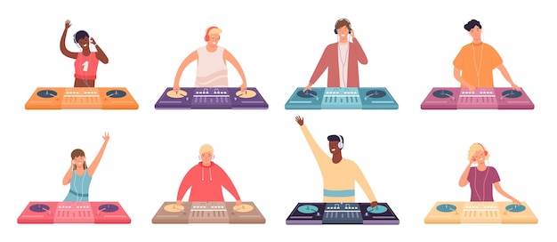 Dj characters at console. female and male musicians with turntable mixer. dj make dance music discotheque or nightclub vector set. dj disco character with turntable electronic equipment illustration