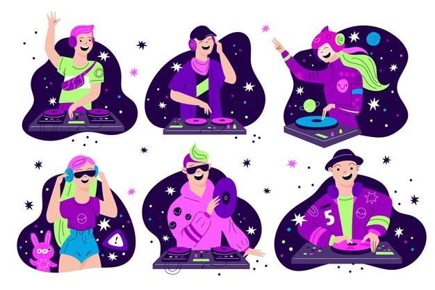 DJ characters Young guys and girls with turntables Techno and electronic music Discotheque mixer Fancy party people Disco club Dancing persons with headphones Youth nightlife Garish vector set