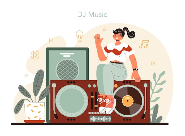 DJ concept. Person standing at turntable mixer make music in club. Club music composer with headphones. Isolated flat vector illustration