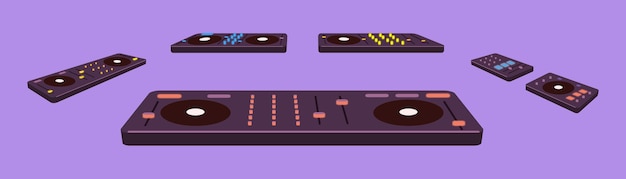 DJ-controllers kit voor het afspelen van clubmuziek Audioconsoles en mixers ingesteld voor het mixen van geluid Elektronische draaitafels Gekleurde platte vectorillustratie van draadloze electro-apparatuur