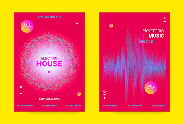 Dj flyers set neon posters for electronic music festival