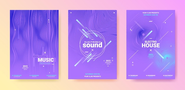 Dj flyers set neon posters for electronic music festival