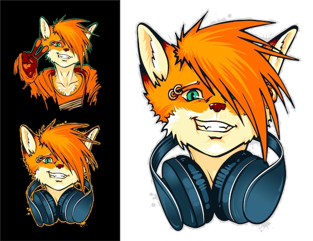 DJ Fox furry met koptelefoon Kan worden gebruikt voor het maken van posters, flyers, embleemafdrukken, tshirt sticker