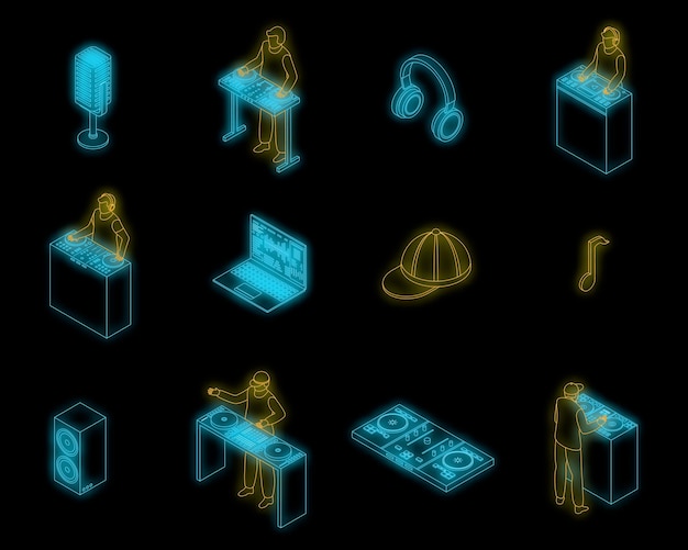 Dj icons set vector neon