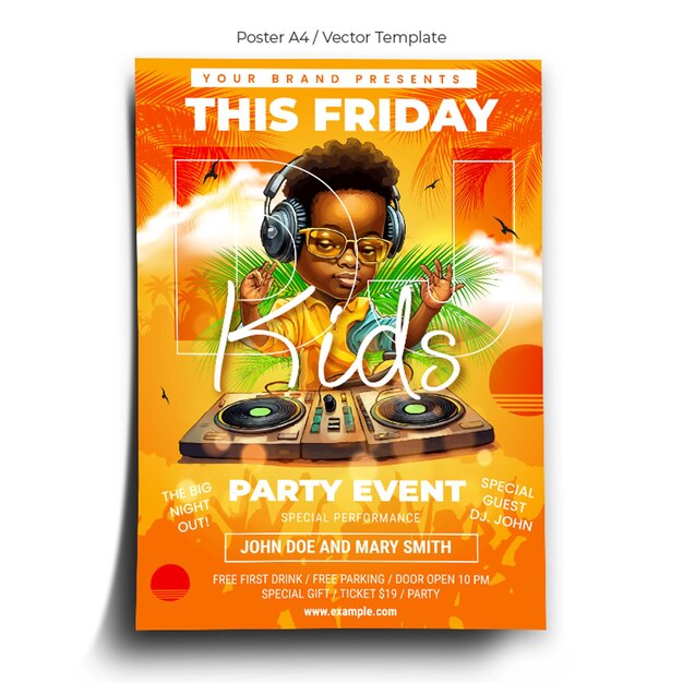 Vector dj kids party poster template