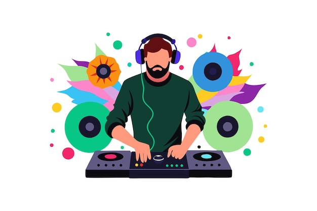 パーティーで音楽を混ぜてカラフルな装飾をしているDJ