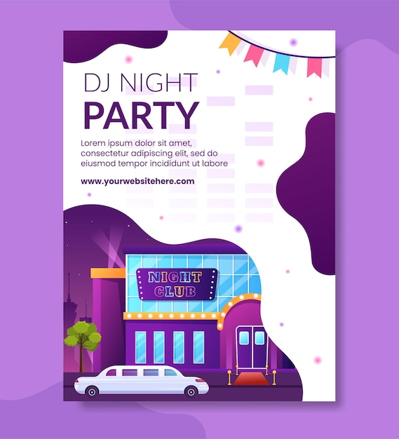 Vector dj night club party poster template hand drawn cartoon flat illustration