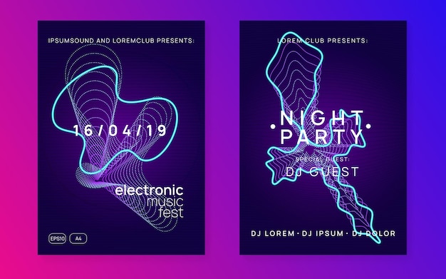 Dj party. Bright discotheque cover set. Dynamic gradient shape and line. Neon dj party flyer. Electro dance music. Techno trance. Electronic sound event. Club fest poster.