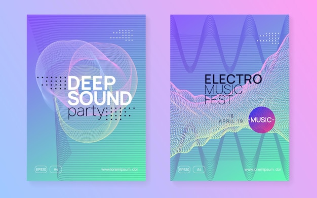 Dj party. Energy show brochure set. Dynamic fluid shape and line. Neon dj party flyer. Electro dance music. Techno trance. Electronic sound event. Club fest poster.
