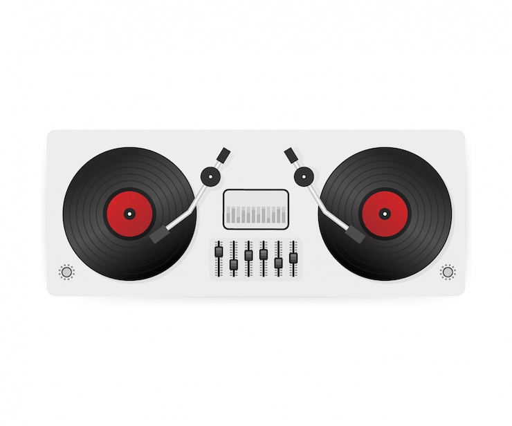 Вектор dj играет винил. вид сверху. dj interface рабочая область микшерная консоль вертушки. ,