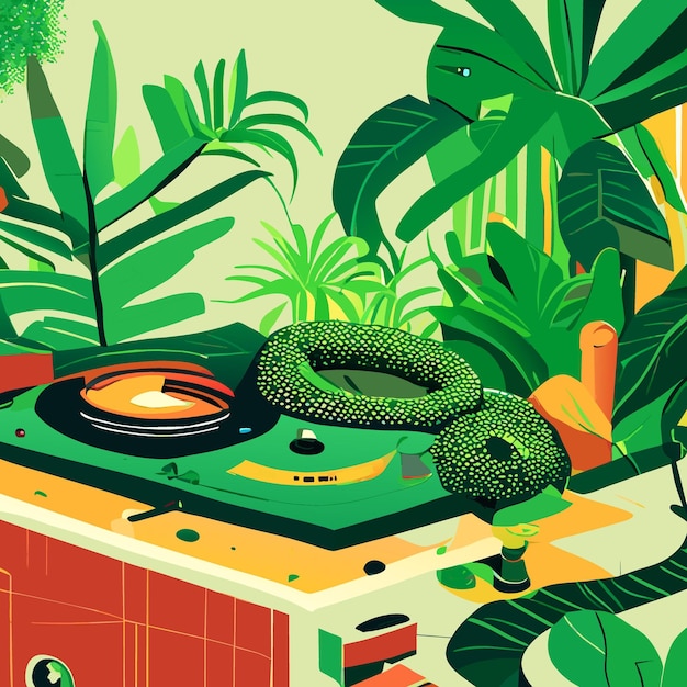 Dj snake alley piante piante danza verde evento droga pixel serpenti serpente illustrazione vettoriale piatta