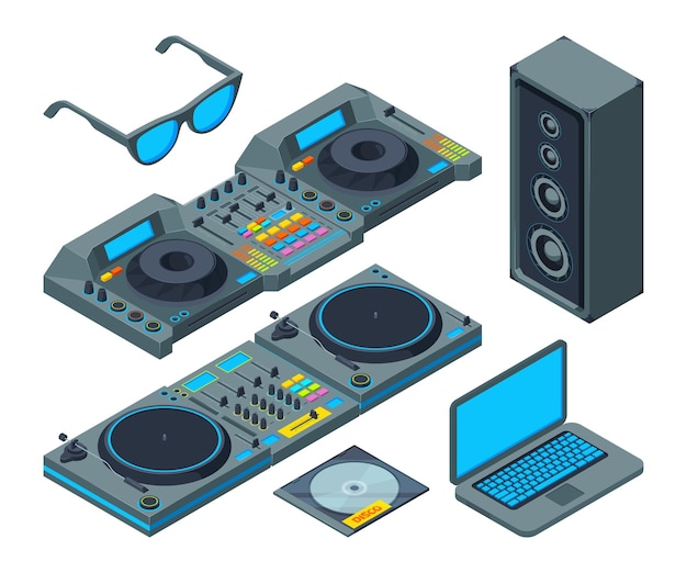 Vector dj studio music tools for party equipment for audio mixer and record stereo isometric vector illustration