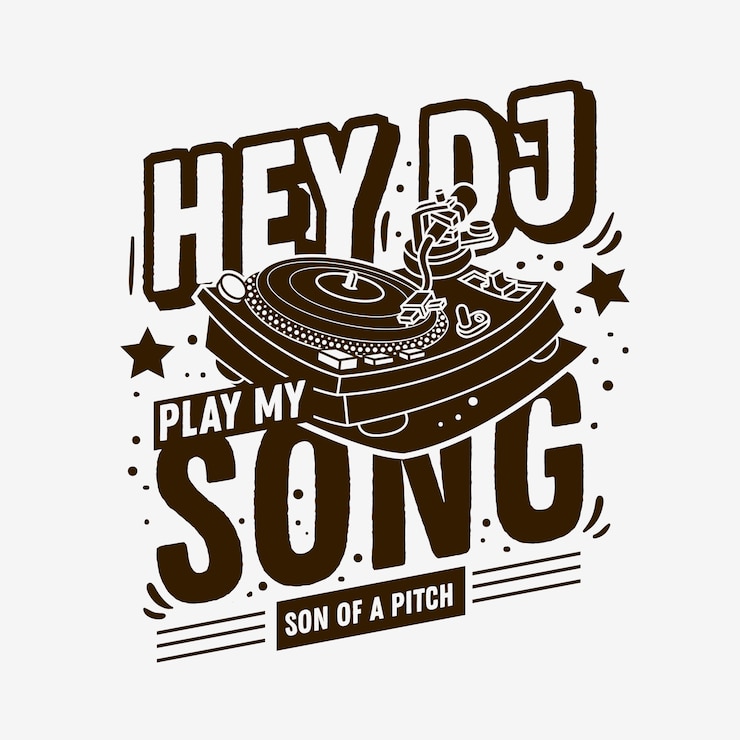 Vector 白い背景にターンテーブルのイラストを使用したdjテーマタイポグラフィティープリントデザイン。