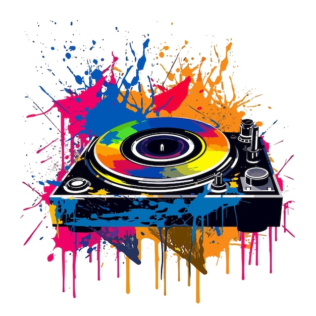 Vector dj turntable with colorful paint splatters on it vector illustration for tshirts mugs cases